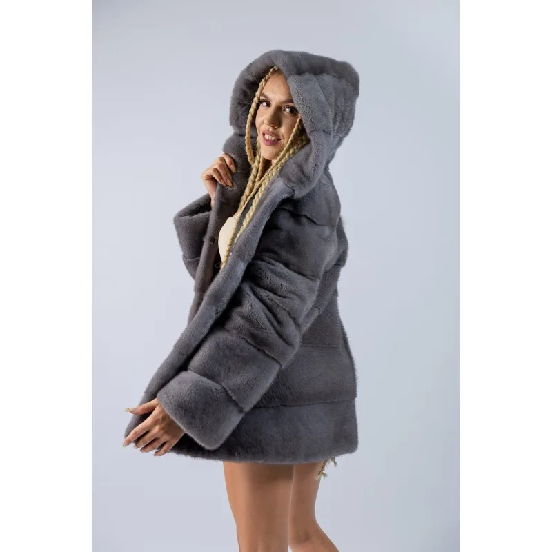 Haină din blană de Vizon cu Gluga, Blue Iris 448