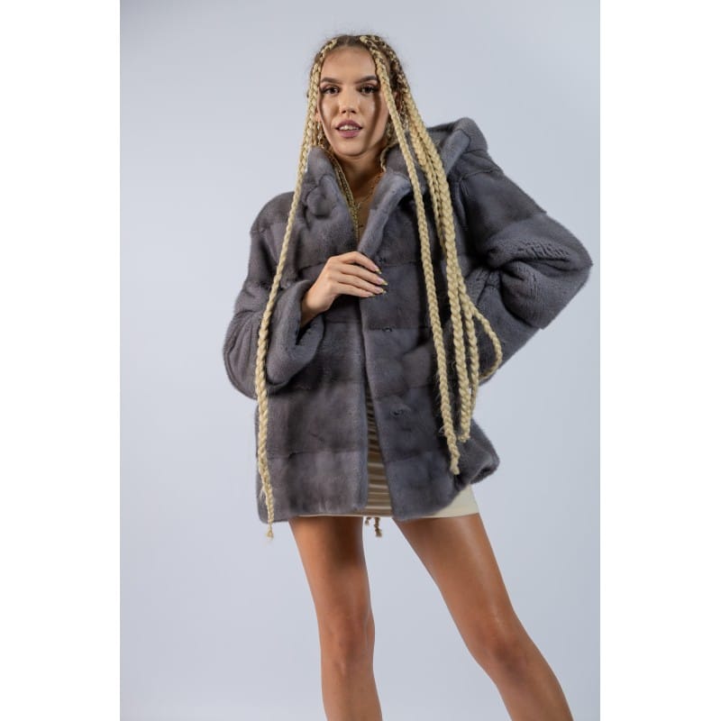 Haină din blană naturală de Vizon / Nurcă cu Gluga, Blue Iris 448