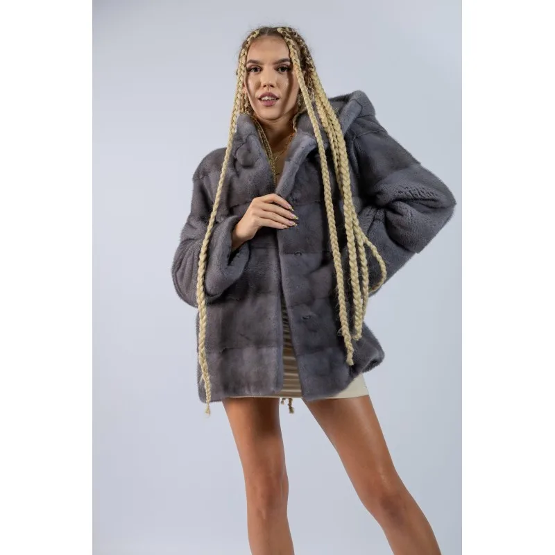 Haină din blană naturală de Vizon / Nurcă cu Gluga, Blue Iris 448