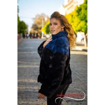 Jachetă din Bucăți de blană Vizon, Blue & Black