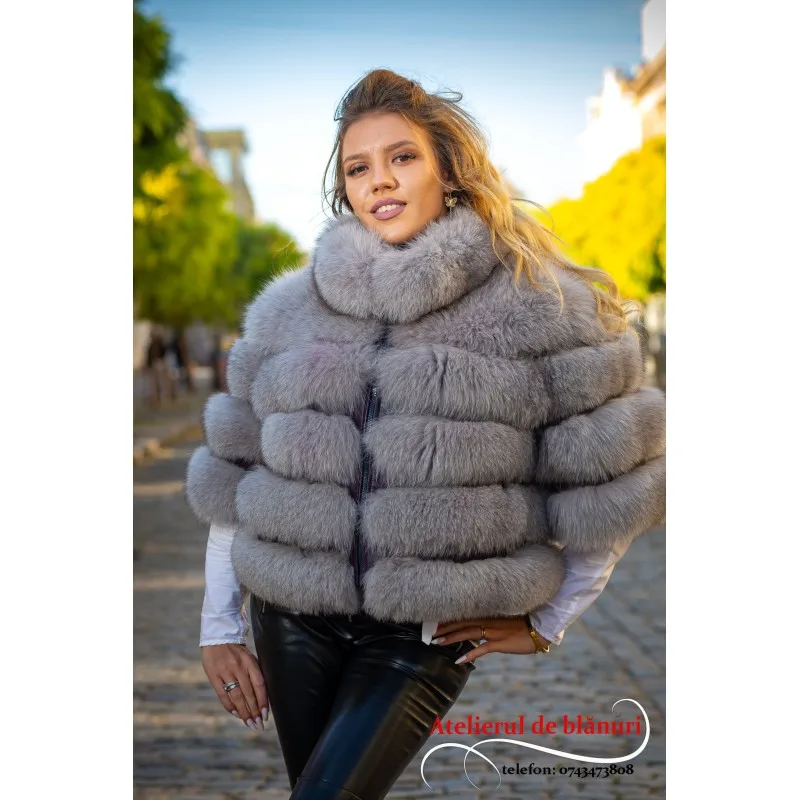 Jachetă din blană naturală de Vulpe Polară Gray Jachetă din blană naturală de Vulpe Polară Gray