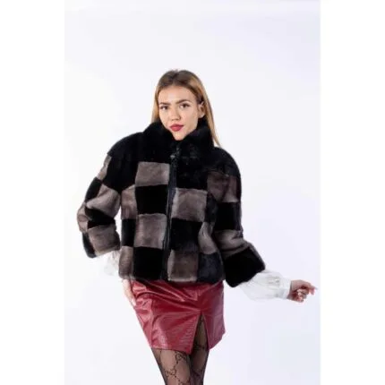 Jachetă din blană naturală de Vizon / Nurcă, Black & Gray