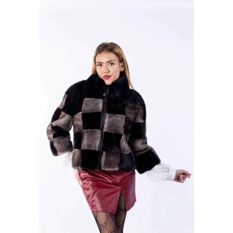 Jachetă din blană naturală de Vizon / Nurcă, Black & Gray