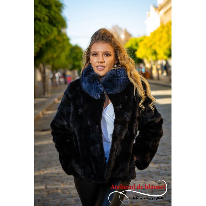 Jachetă din bucăți de blană naturală de Vizon / Nurcă cu Guler Tunică de Vulpe