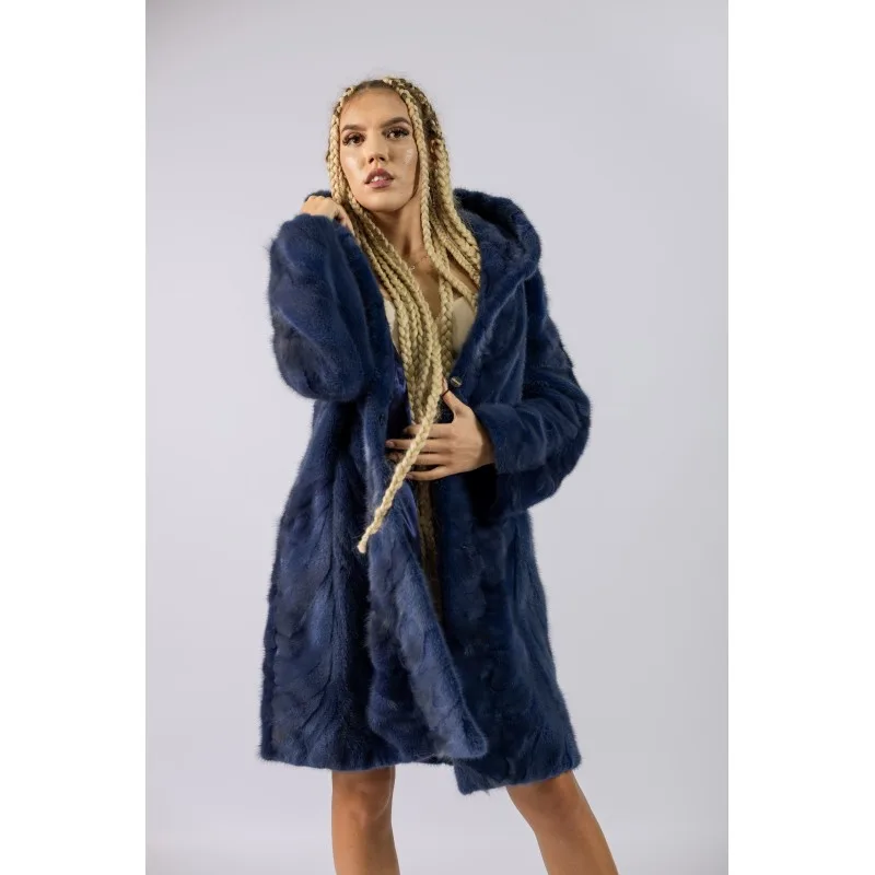 Palton din bucăți de blană naturală de Vizon / Nurcă - Dark Blue Palton din bucăți de blană naturală de Vizon / Nurcă - Dark Blue