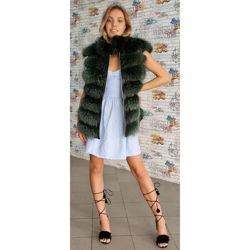 Vestă din blană de Vulpe Argintie Verde - Model 128