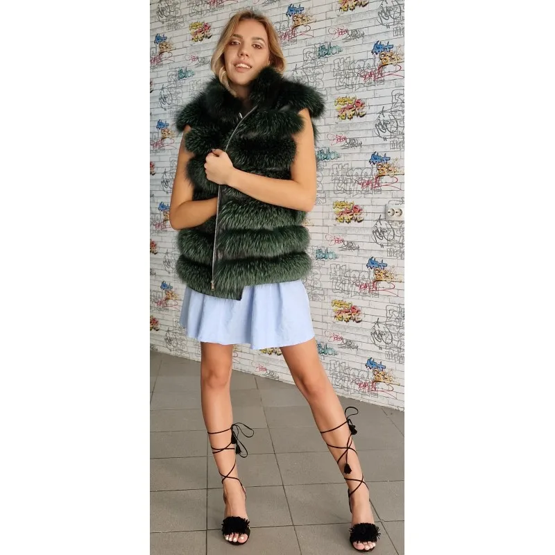 Vestă din blană naturală de Vulpe Argintie Verde - Model 128